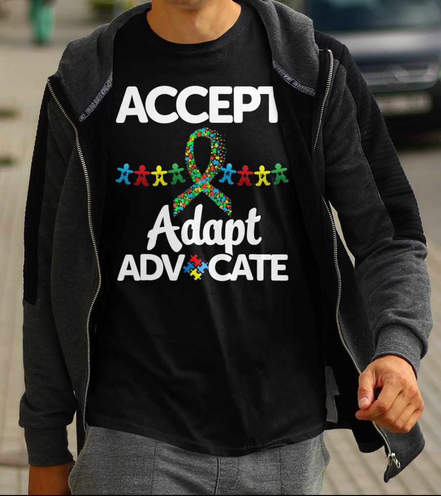 Accept Adapt Advocate Autism Awareness Puzzle Ribbon And Figures T-Shirt