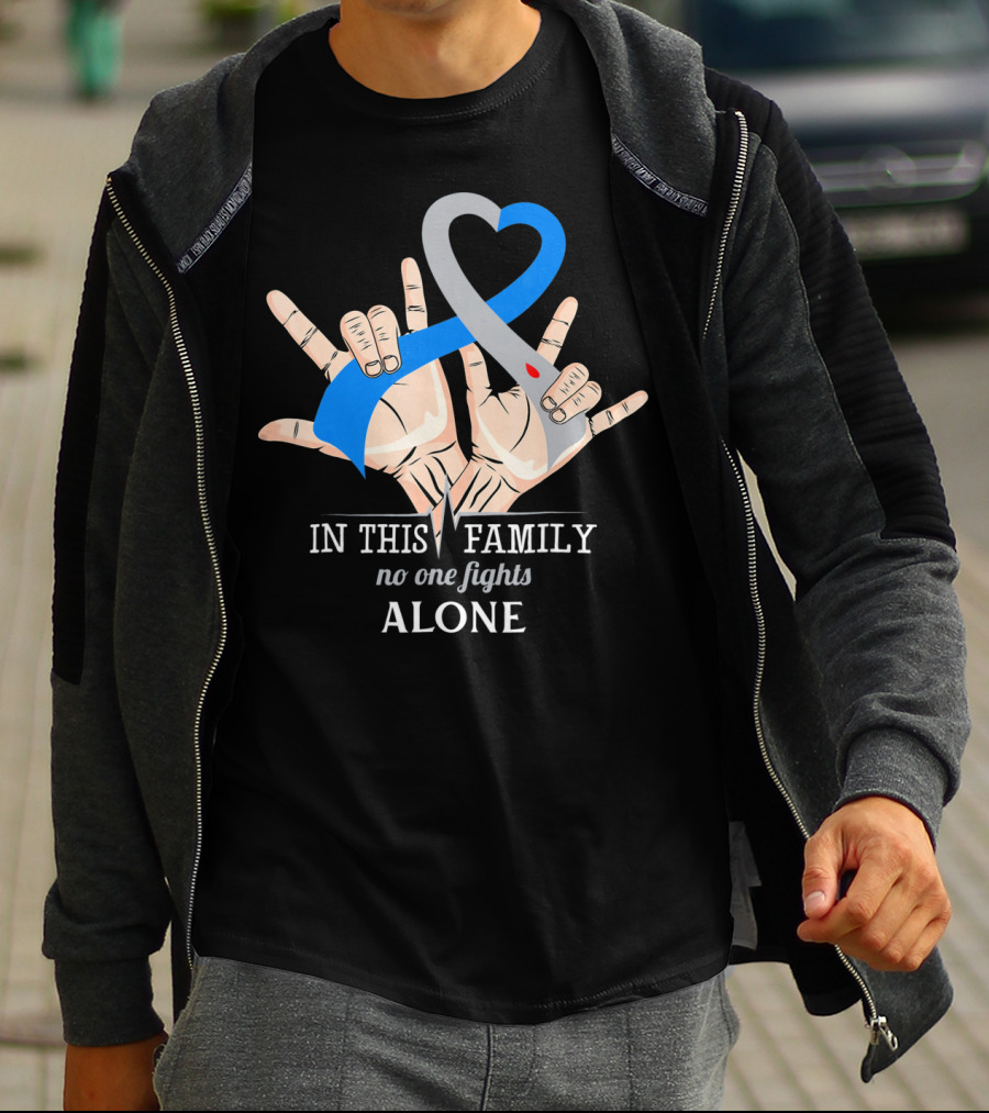 In This Family No One Fights Diabetes Alone Blue Gray Ribbon Hands T-Shirt