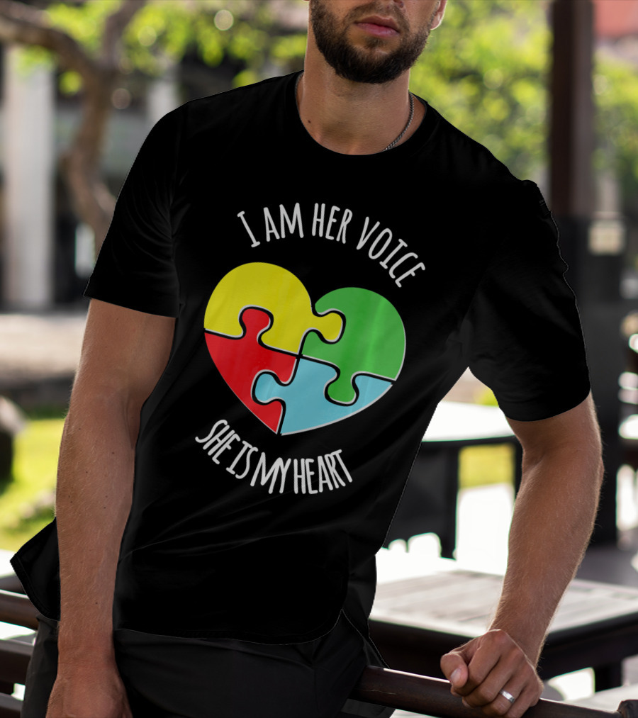I Am Her Voice Autism Awareness She Is My Heart Puzzle Piece T-Shirt