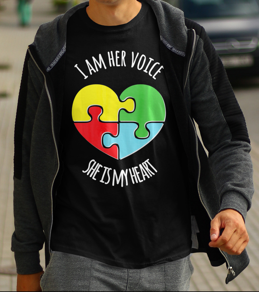 I Am Her Voice Autism Awareness She Is My Heart Puzzle Piece T-Shirt