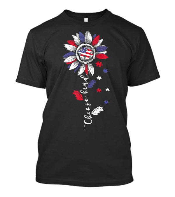 Patriotic Sunflower With Puzzle Pieces And Choose Kind Autism Awareness T-Shirt