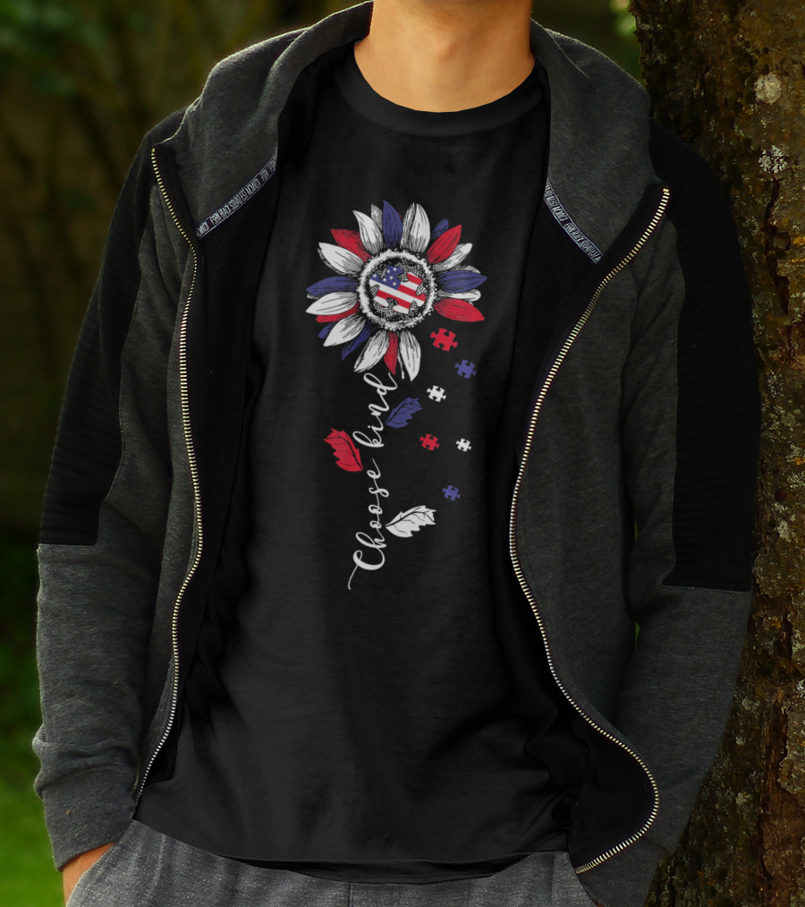 Patriotic Sunflower With Puzzle Pieces And Choose Kind Autism Awareness T-Shirt