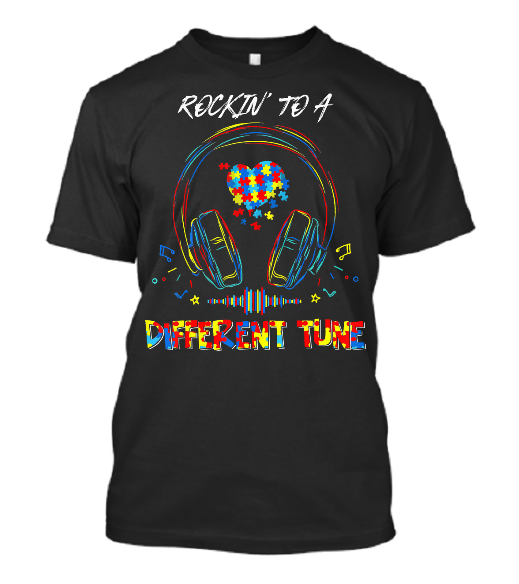 ROCKIN' TO A DIFFERENT TUNE Autism Awareness Headphones Puzzle Heart T-Shirt