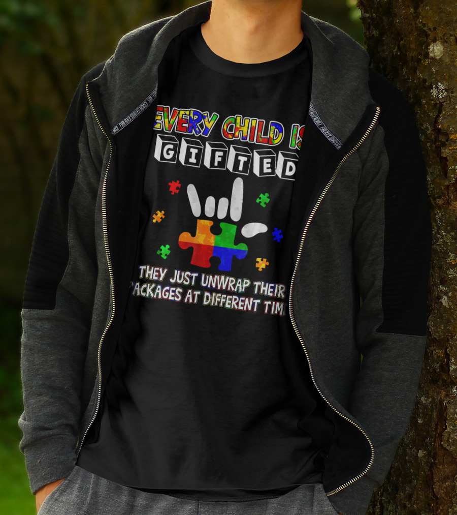 Every Child Is Gifted Autism Awareness Puzzle Pieces Unwrap Packages Different Time T-Shirt