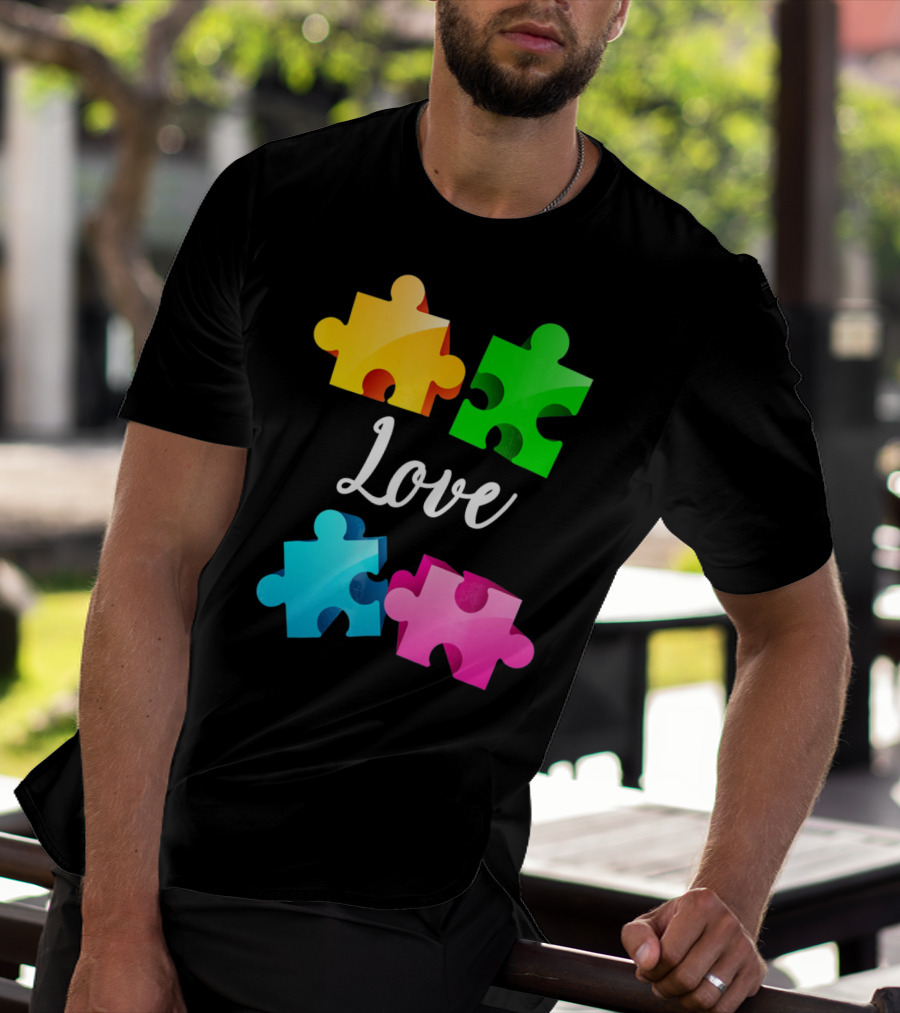 Autism Awareness Love With Colorful Puzzle Pieces T-Shirt