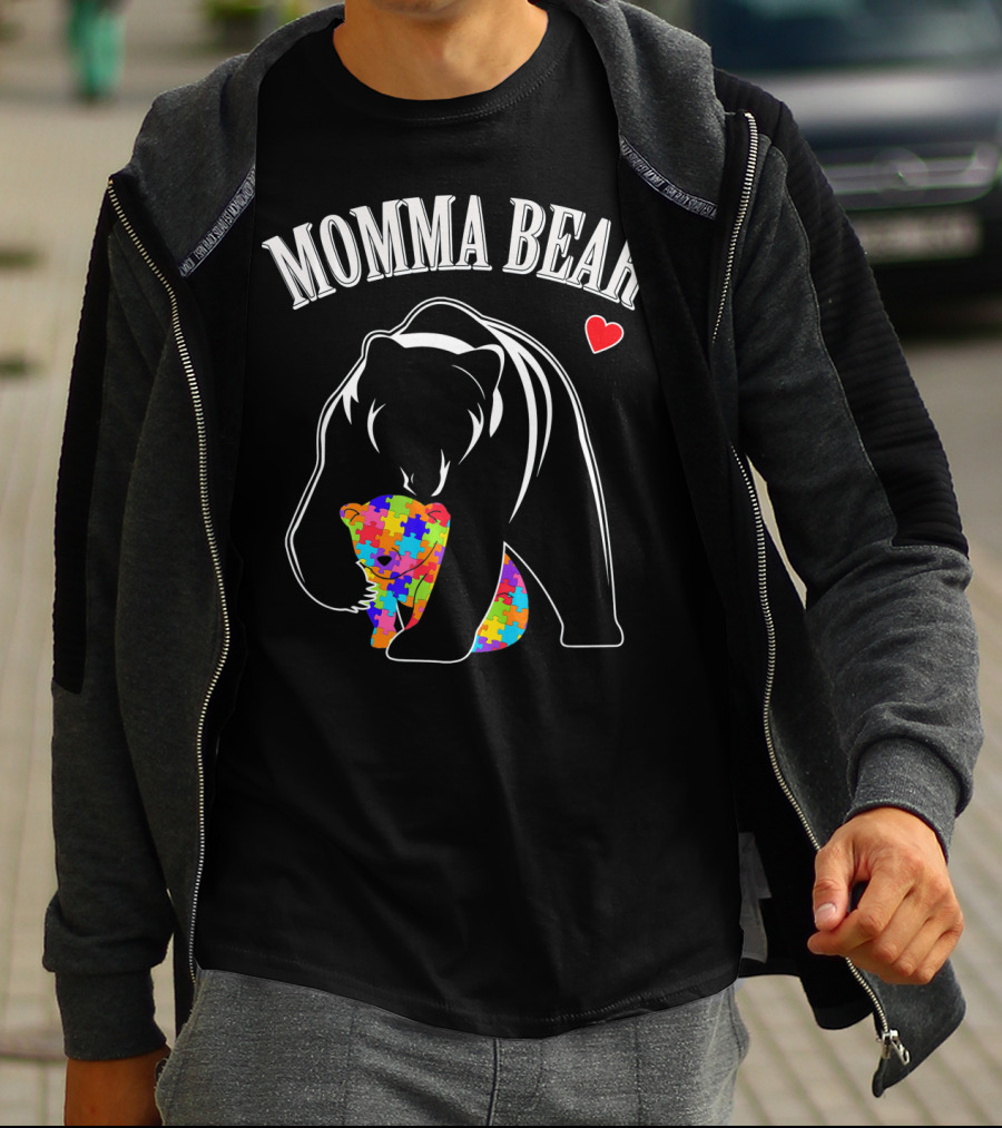 Momma Bear Puzzle Heart Autism Awareness Love T-Shirt