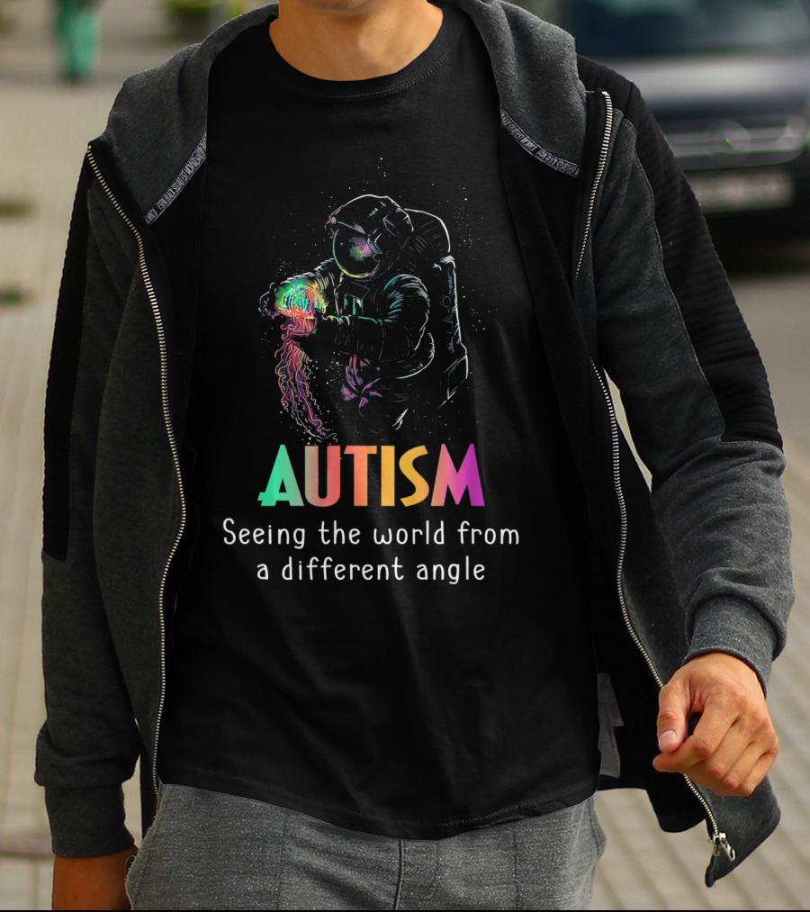 Autism Seeing The World From A Different Angle Astronaut With Colorful Light T-Shirt
