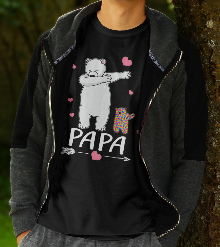 Papa Bear Dabbing With Autism Awareness Puzzle Bear And Hearts T-Shirt