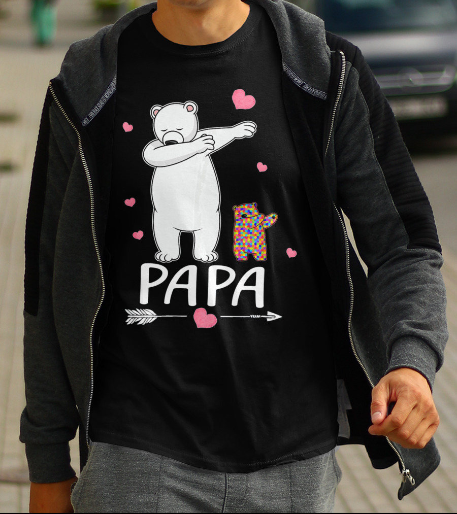 Papa Bear Dabbing With Autism Awareness Puzzle Bear And Hearts T-Shirt