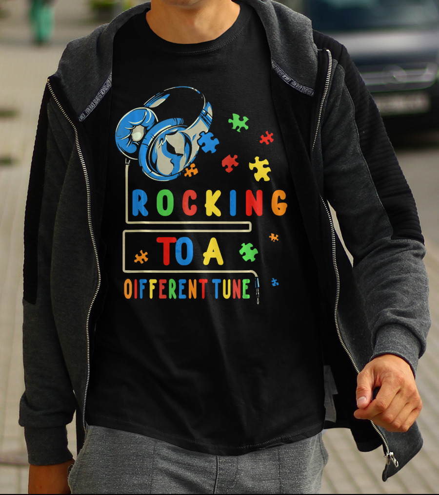 Rocking To A Different Tune Autism Awareness Headphones Puzzle Pieces T-Shirt