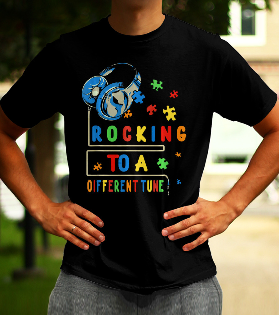 Rocking To A Different Tune Autism Awareness Headphones Puzzle Pieces T-Shirt
