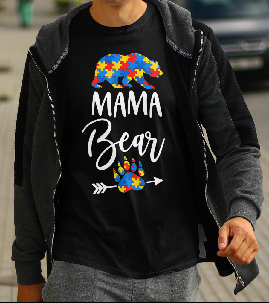 Mama Bear Autism Puzzle Pattern Paw Prints T-Shirt