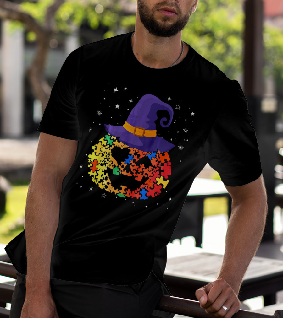 Pumpkin Autism Awareness Halloween Witch Hat Puzzle Piece T-Shirt