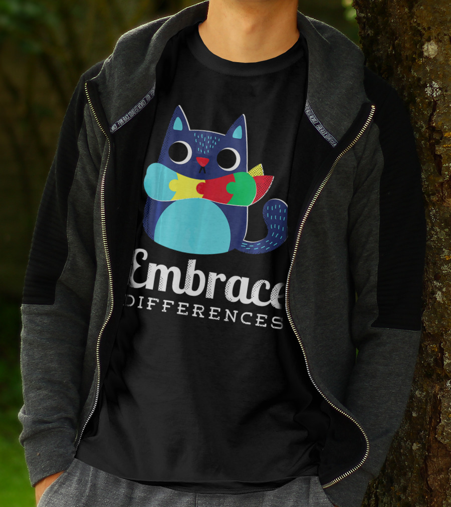 Embrace Differences Autism Support Awareness Puzzle Cat T-Shirt