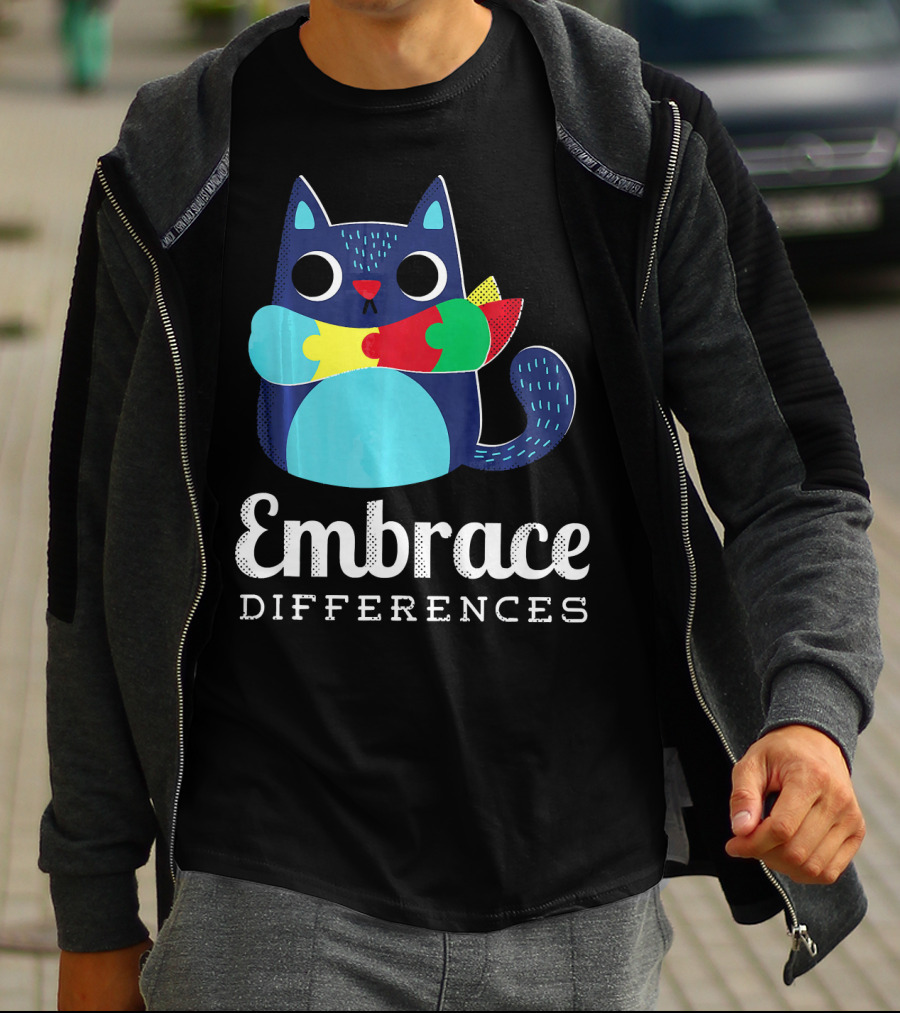 Embrace Differences Autism Support Awareness Puzzle Cat T-Shirt
