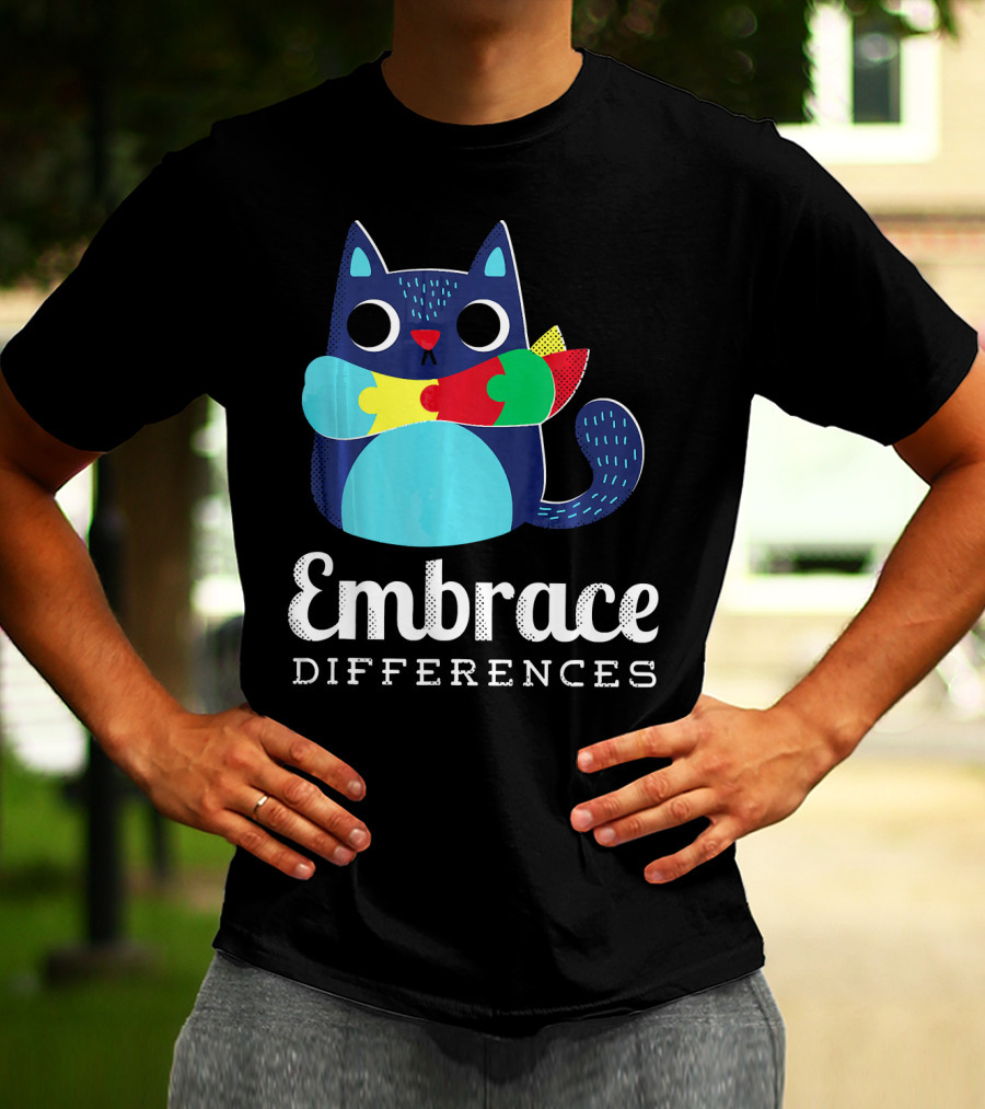 Embrace Differences Autism Support Awareness Puzzle Cat T-Shirt