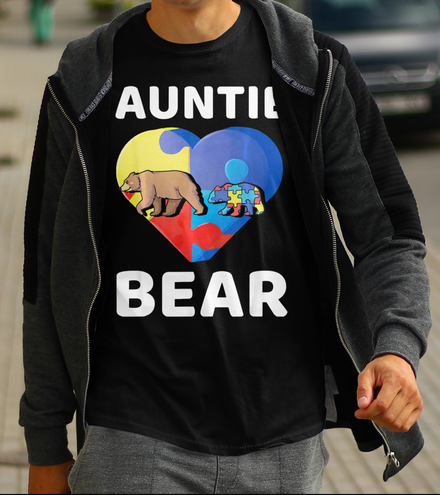Auntie Bear Heart Puzzle Autism Awareness T-Shirt