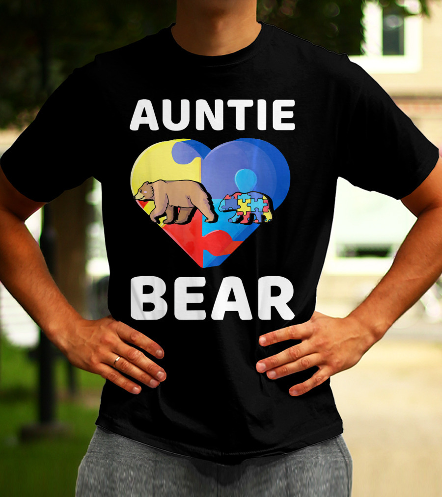 Auntie Bear Heart Puzzle Autism Awareness T-Shirt