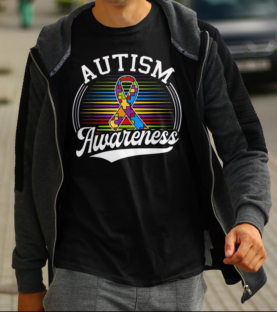 Autism Awareness Puzzle Ribbon With Colorful Lines T-Shirt