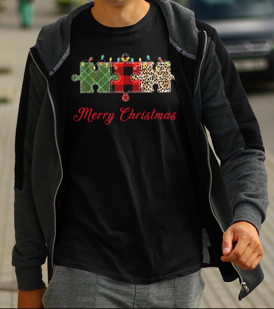 Merry Christmas Buffalo Plaid Leopard Puzzle Lights T-Shirt