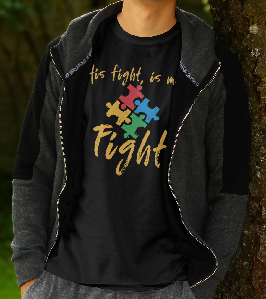 His Fight Is My Fight Autism Awareness Puzzle Pieces T-Shirt