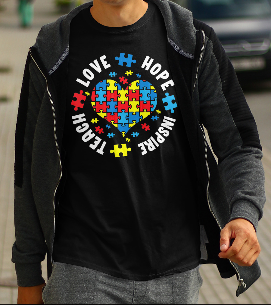 Love Hope Inspire Teach Heart Puzzle Autism Awareness T-Shirt