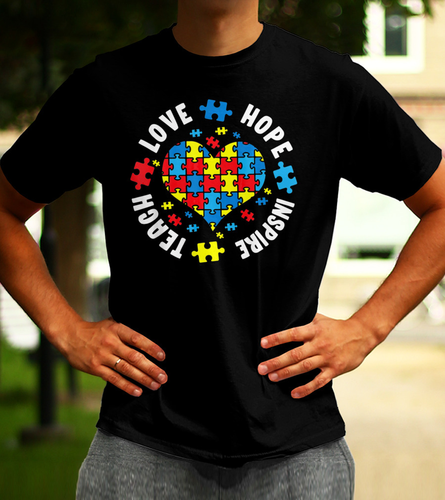 Love Hope Inspire Teach Heart Puzzle Autism Awareness T-Shirt