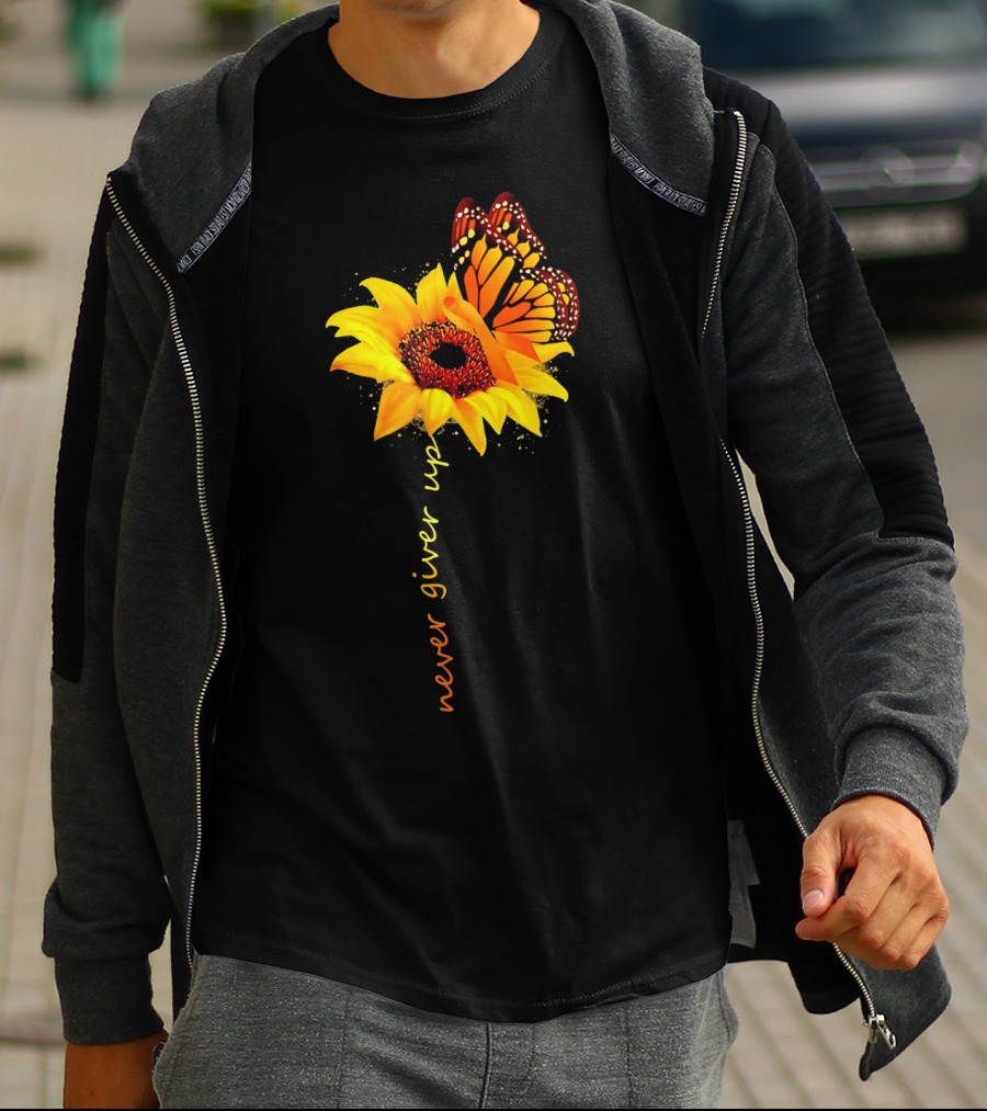 Never Give Up Multiple Sclerosis Awareness Butterfly Sunflower T-Shirt