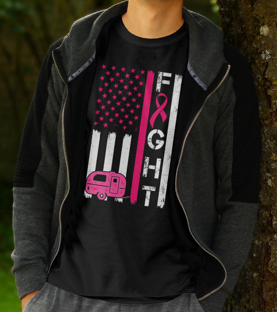 Fight Cancer Ribbon Camping Van American Flag T-Shirt