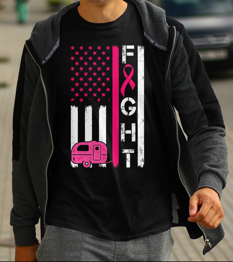 Fight Cancer Ribbon Camping Van American Flag T-Shirt