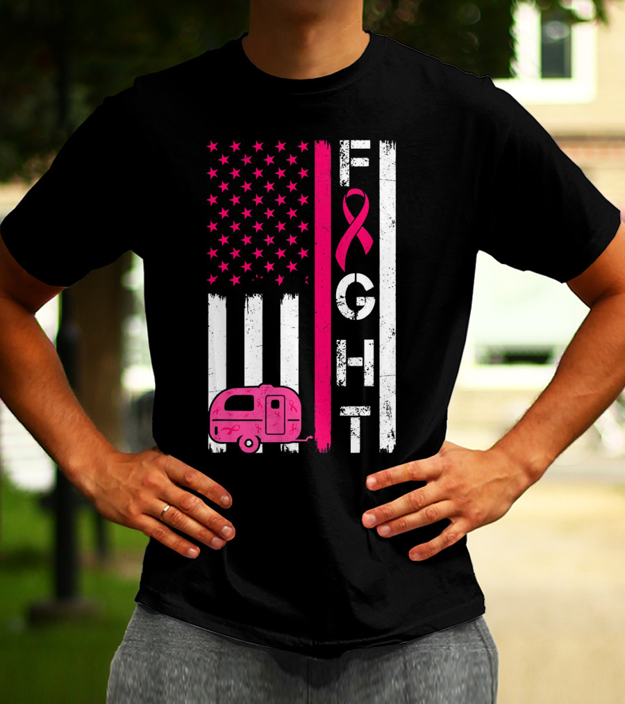 Fight Cancer Ribbon Camping Van American Flag T-Shirt