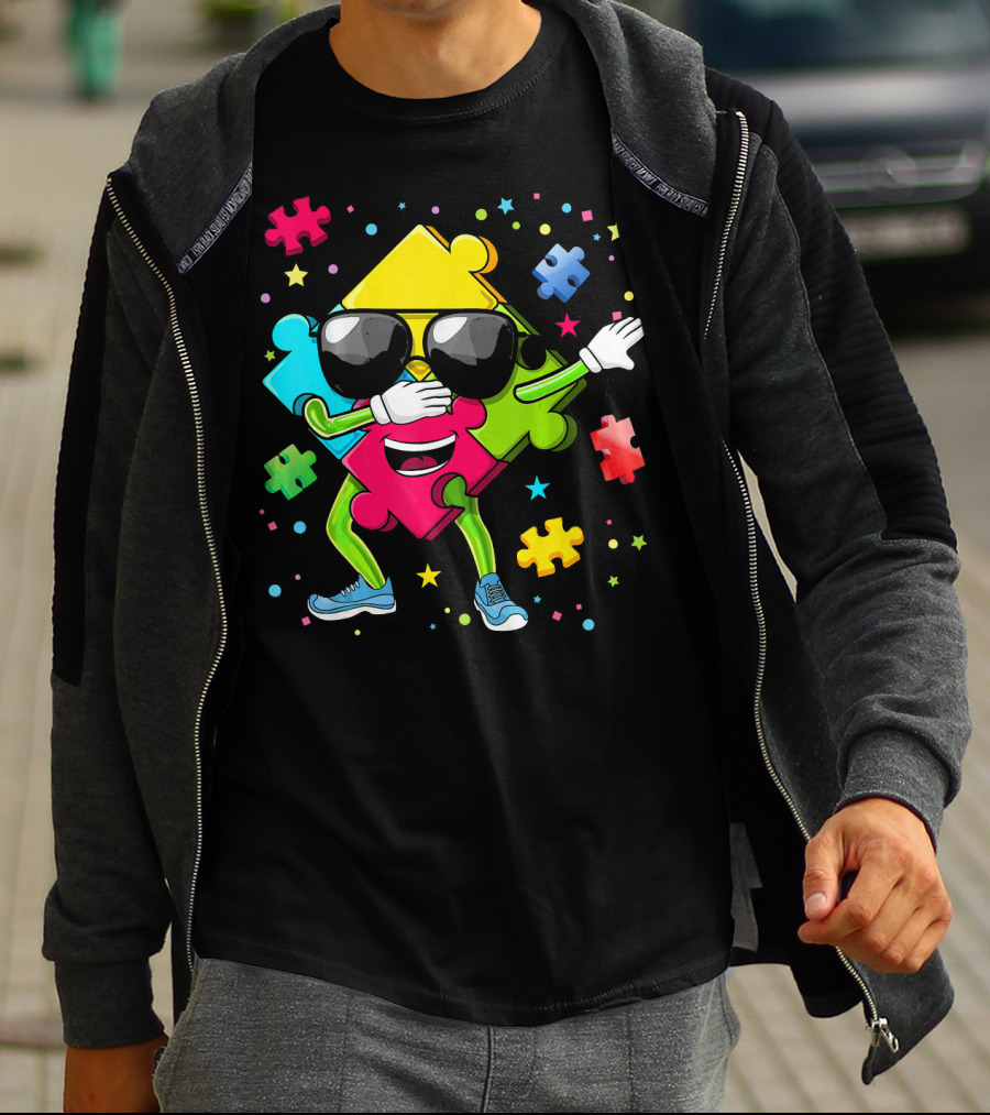 Dabbing Puzzle Piece Funny Autism Awareness Colorful T-Shirt