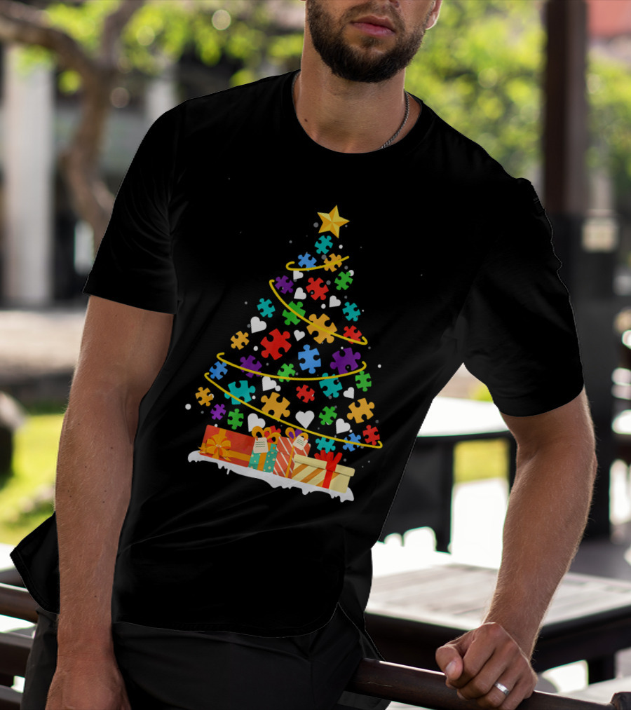 Autism Awareness Puzzle Piece Christmas Tree With Gifts And Hearts T-Shirt