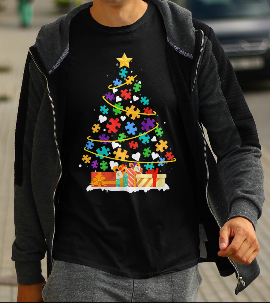 Autism Awareness Puzzle Piece Christmas Tree With Gifts And Hearts T-Shirt