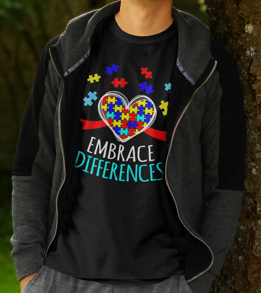 Embrace Differences Autism Awareness Heart Puzzle Pieces T-Shirt