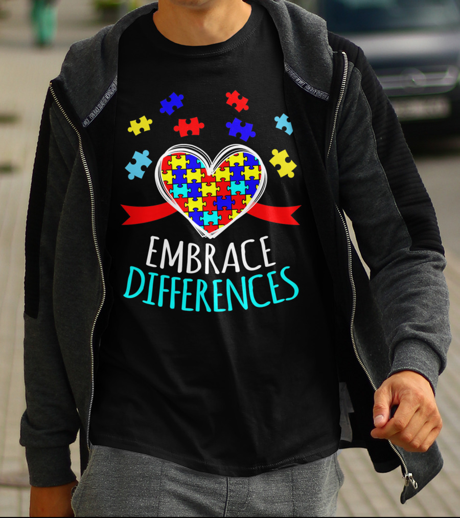 Embrace Differences Autism Awareness Heart Puzzle Pieces T-Shirt