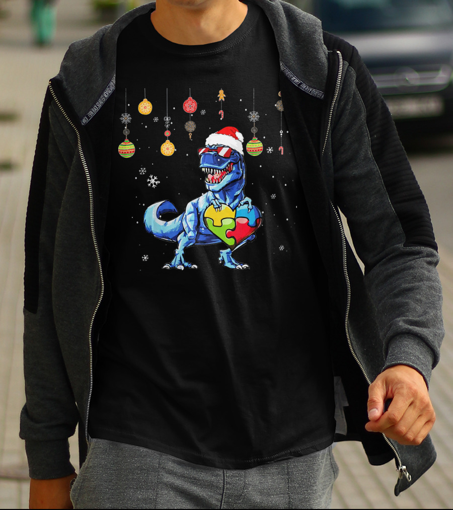 Christmas Dinosaur With Puzzle Heart And Santa Hat T-Shirt
