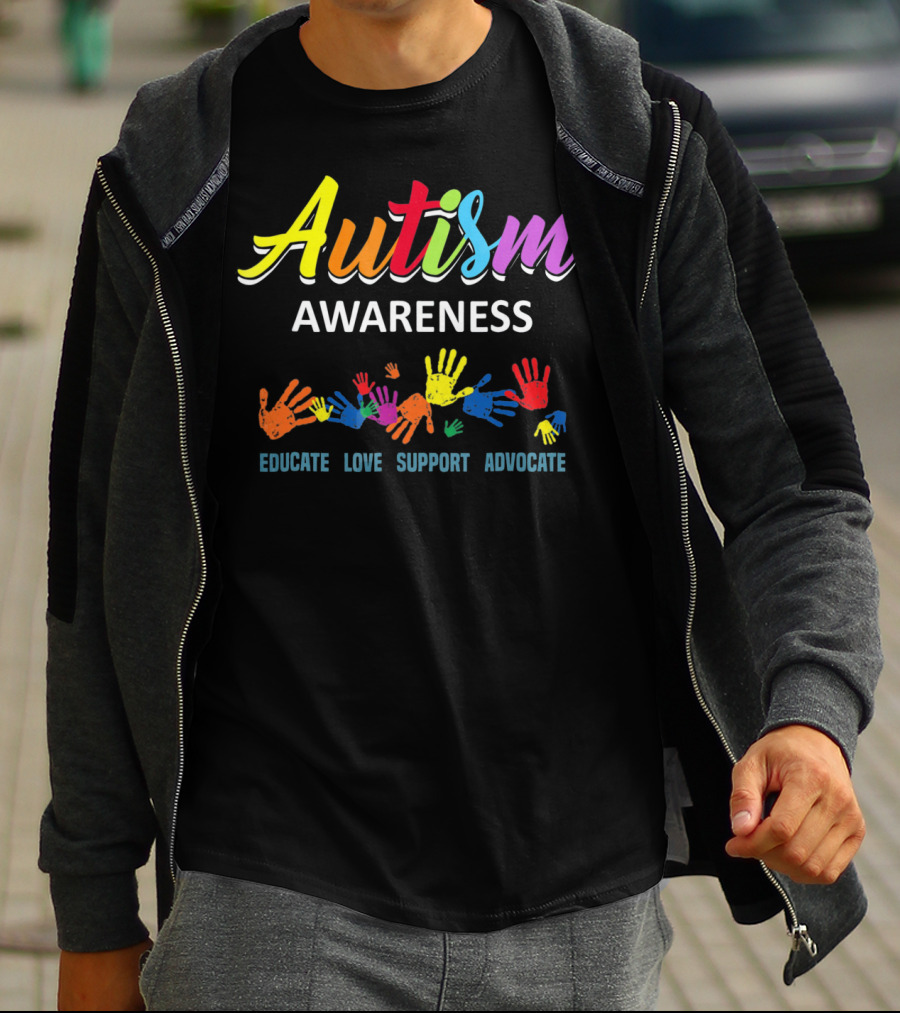 Autism Awareness Educate Love Support Advocate Rainbow Handprints T-Shirt