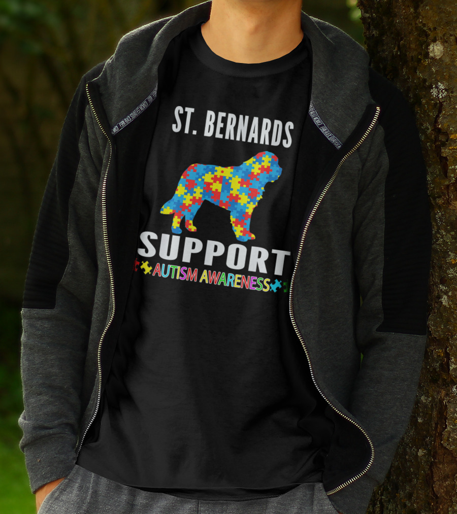 St. Bernards Support Autism Awareness Puzzle Piece Dog T-Shirt
