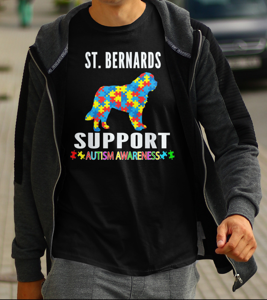 St. Bernards Support Autism Awareness Puzzle Piece Dog T-Shirt
