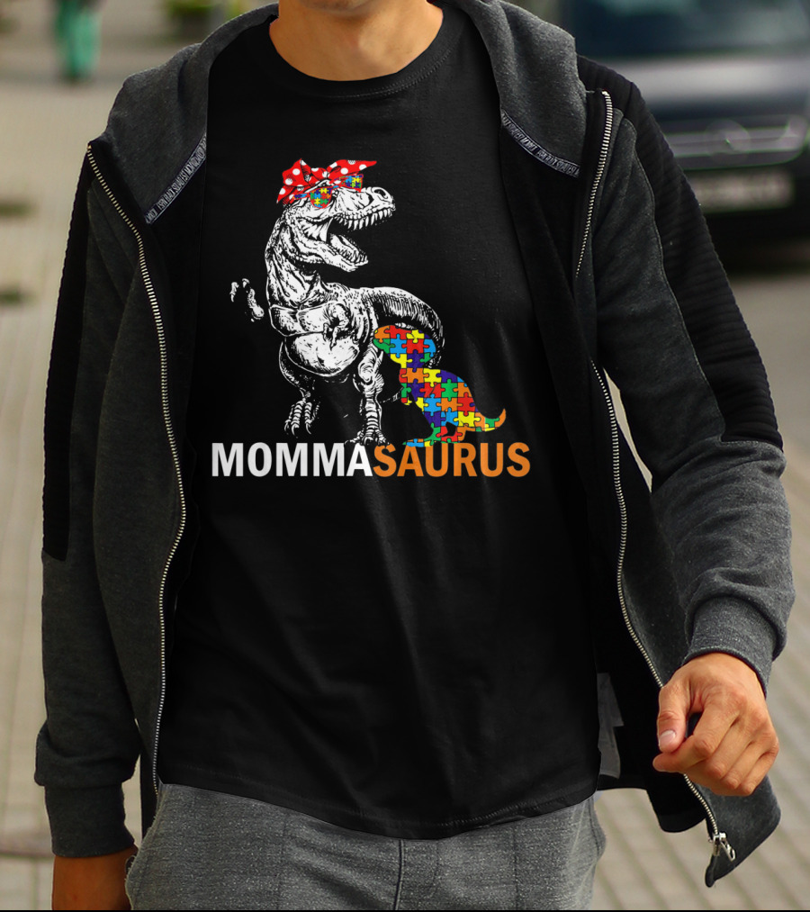 Momma Saurus Dinosaur With Autism Puzzle T-Shirt