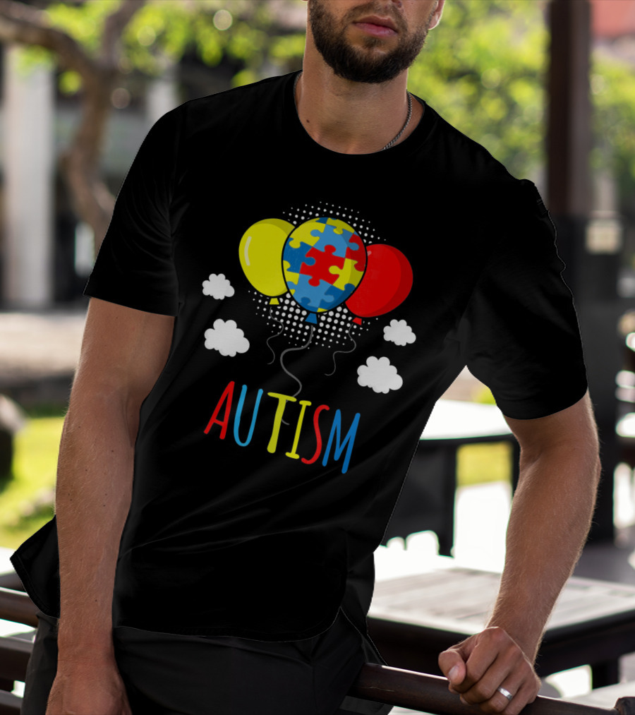 Autism Awareness Puzzle Piece Balloons With Colorful Clouds T-Shirt