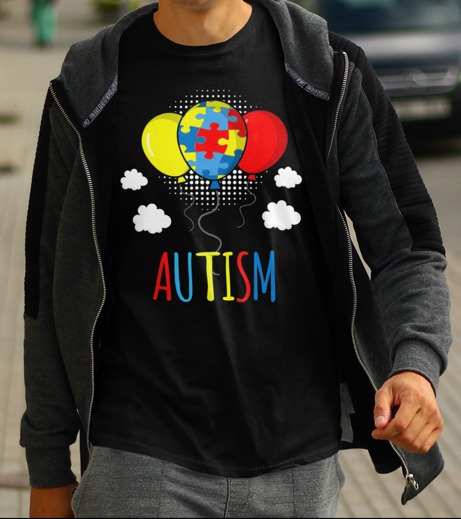 Autism Awareness Puzzle Piece Balloons With Colorful Clouds T-Shirt