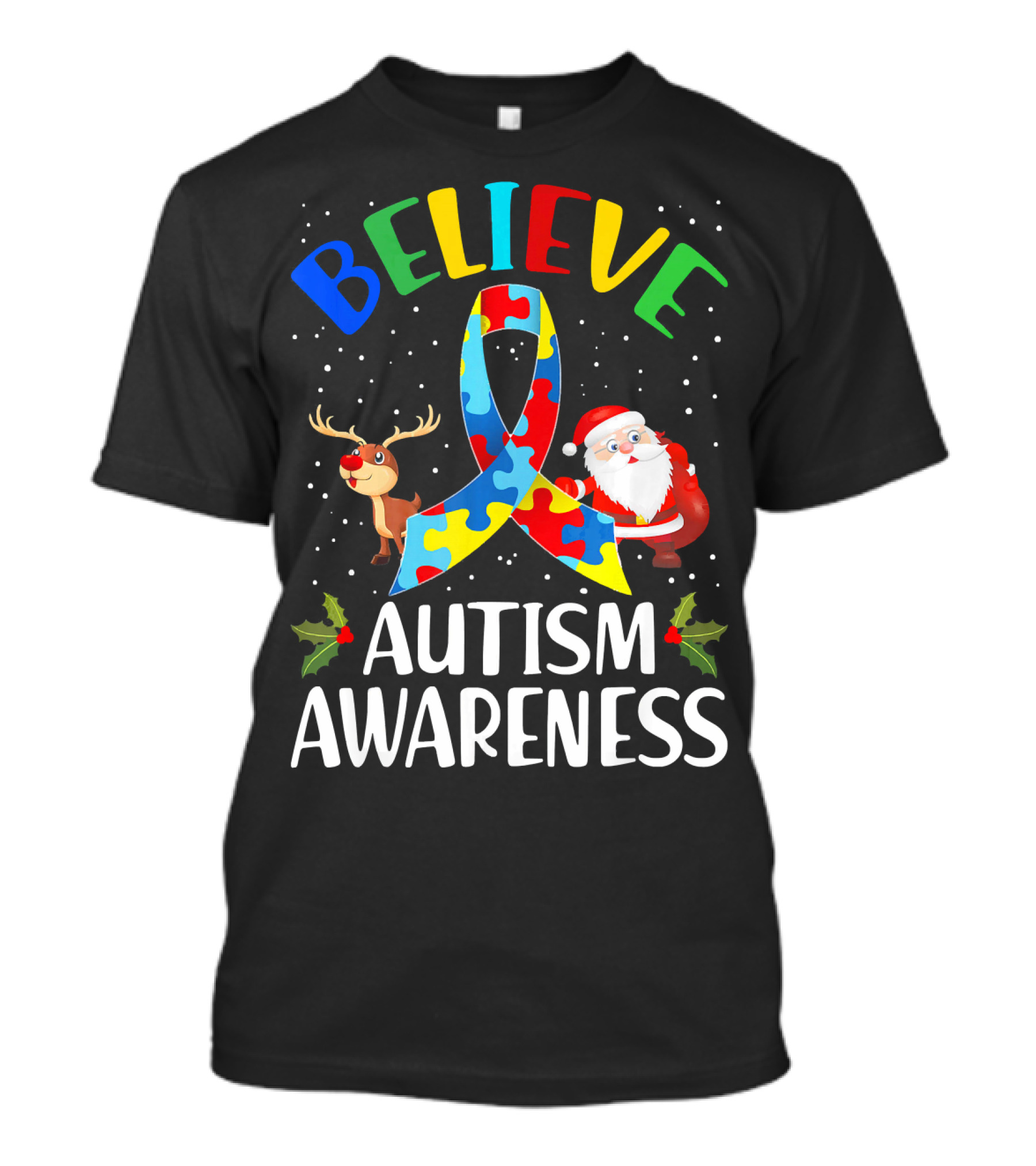 Believe Autism Awareness Santa Reindeer Puzzle Christmas T-Shirt