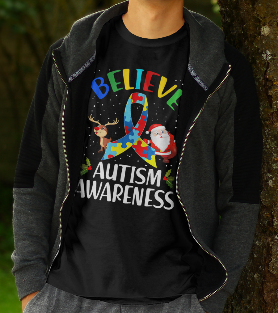 Believe Autism Awareness Santa Reindeer Puzzle Christmas T-Shirt