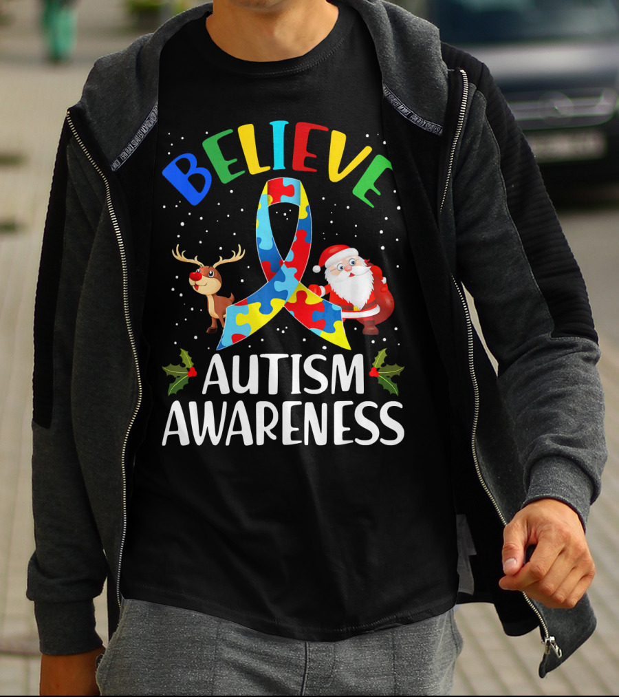 Believe Autism Awareness Santa Reindeer Puzzle Christmas T-Shirt