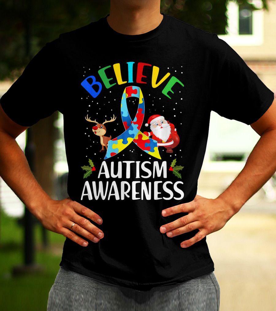 Believe Autism Awareness Santa Reindeer Puzzle Christmas T-Shirt