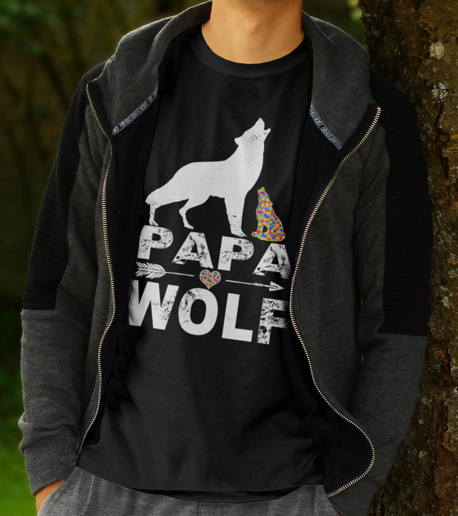 Papa Wolf Autism Awareness Puzzle Heart And Howling Pups T-Shirt
