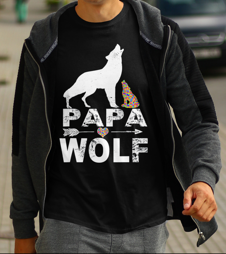Papa Wolf Autism Awareness Puzzle Heart And Howling Pups T-Shirt