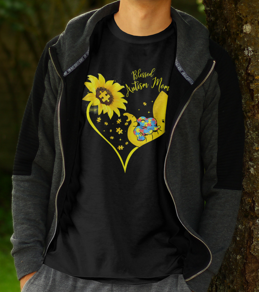 Blessed Autism Mom Sunflower Elephant Puzzle Heart T-Shirt